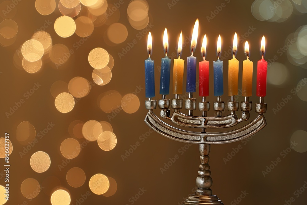 Glowing Hanukkah Menorah with Lit Candles. Celebration of Lights and Jewish Tradition Glowing Hanukkah Menorah with Lit Candles. Celebration of Lights and Jewish Tradition