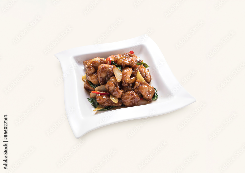 stir fried Chicken with onion, red chilli served in plate isolated on grey background side view of hong kong food stir fried Chicken with onion, red chilli served in plate isolated on grey background side view of hong kong food