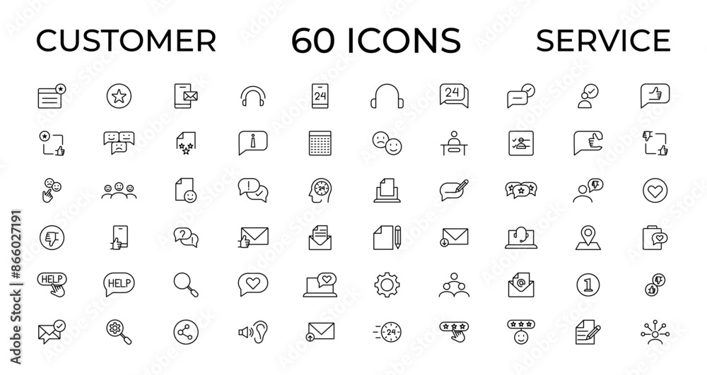 Customer service icon set. Containing customer satisfied, assistance, experience, feedback, operator and technical support icons. Thin outline icons pack. Customer service icon set. Containing customer satisfied, assistance, experience, feedback, operator and technical support icons. Thin outline icons pack.