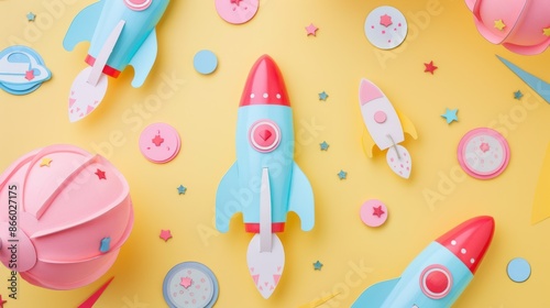 Pop design background for kids with astronaut and rocket in pastel colors and simple design