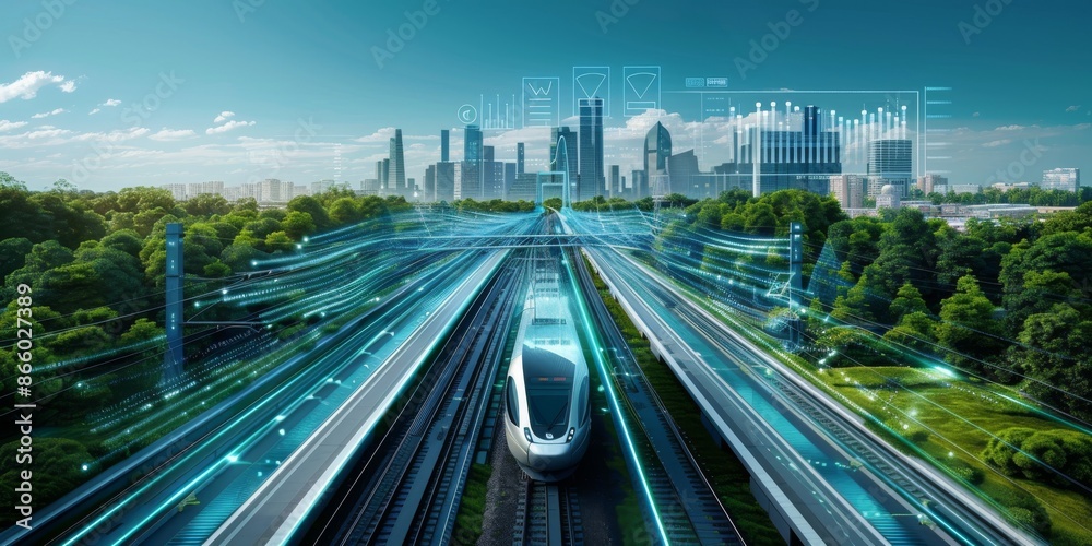 Fototapeta premium Futuristic Cityscape with a High-Speed Train and Data Streams