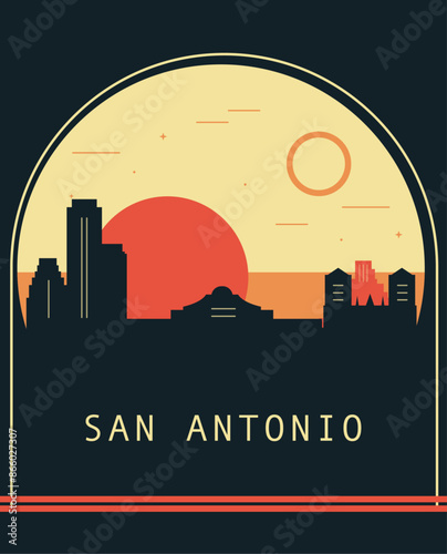 San Antonio city retro style poster with skyline, cityscape. USA Texas state vintage vector illustration. US front cover, brochure, flyer, leaflet template, layout image