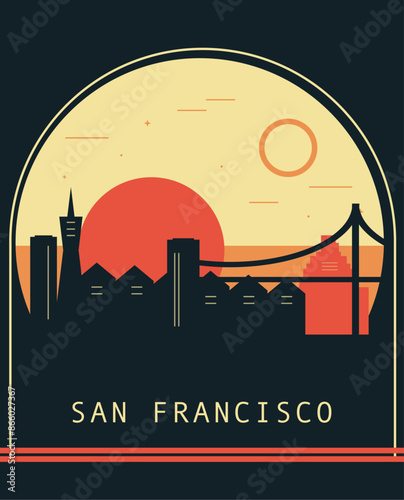 San Francisco city retro style poster with skyline, cityscape. USA California state vintage vector illustration. US front cover, brochure, flyer, leaflet template, layout image
