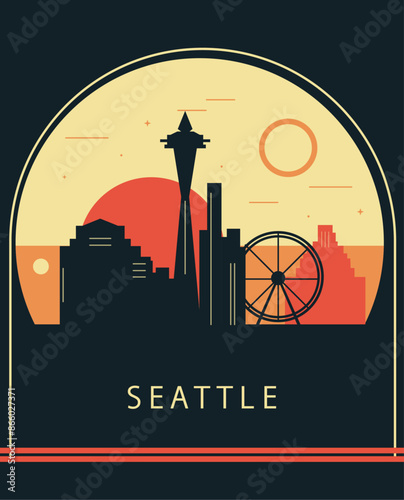 Seattle city retro style poster with skyline, cityscape. USA Washington state vintage vector illustration. US front cover, brochure, flyer, leaflet template, layout image