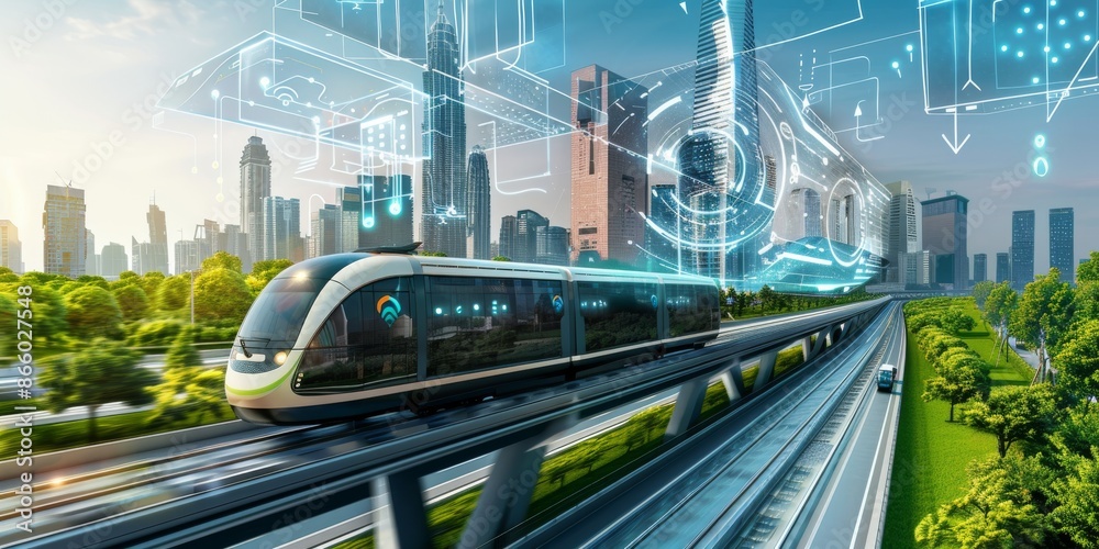 Fototapeta premium Futuristic Cityscape with Automated Train and Smart City Technology