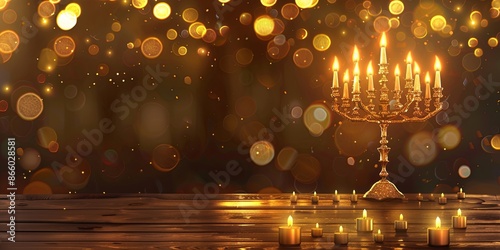 Glowing Hanukkah Menorah with candles on a wooden table. Celebration of Hanukkah, the festival of lights. photo