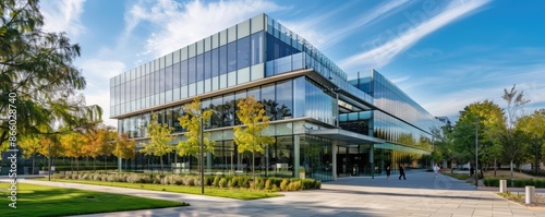 The office building has a modern exterior with glass facades and is surrounded by autumn trees along the pathway AIG59 photo