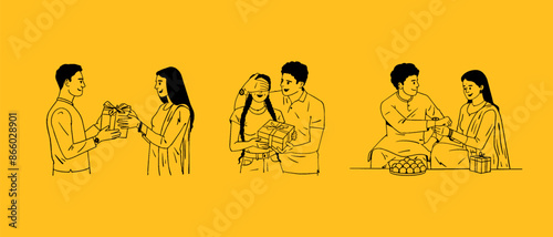 Brother and sister hand-drawn line drawing vector illustration for Raksha Bandhan festival.