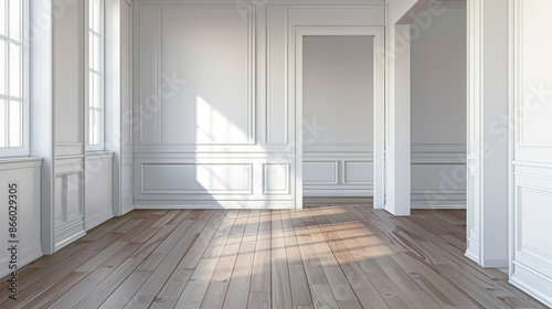 Wallpaper Mural Frontal View Room Design in White & Grey Tones, Featuring Skirting Boards & Wood-Look Flooring, Ideal for Text Overlay, Landscape Format. Torontodigital.ca