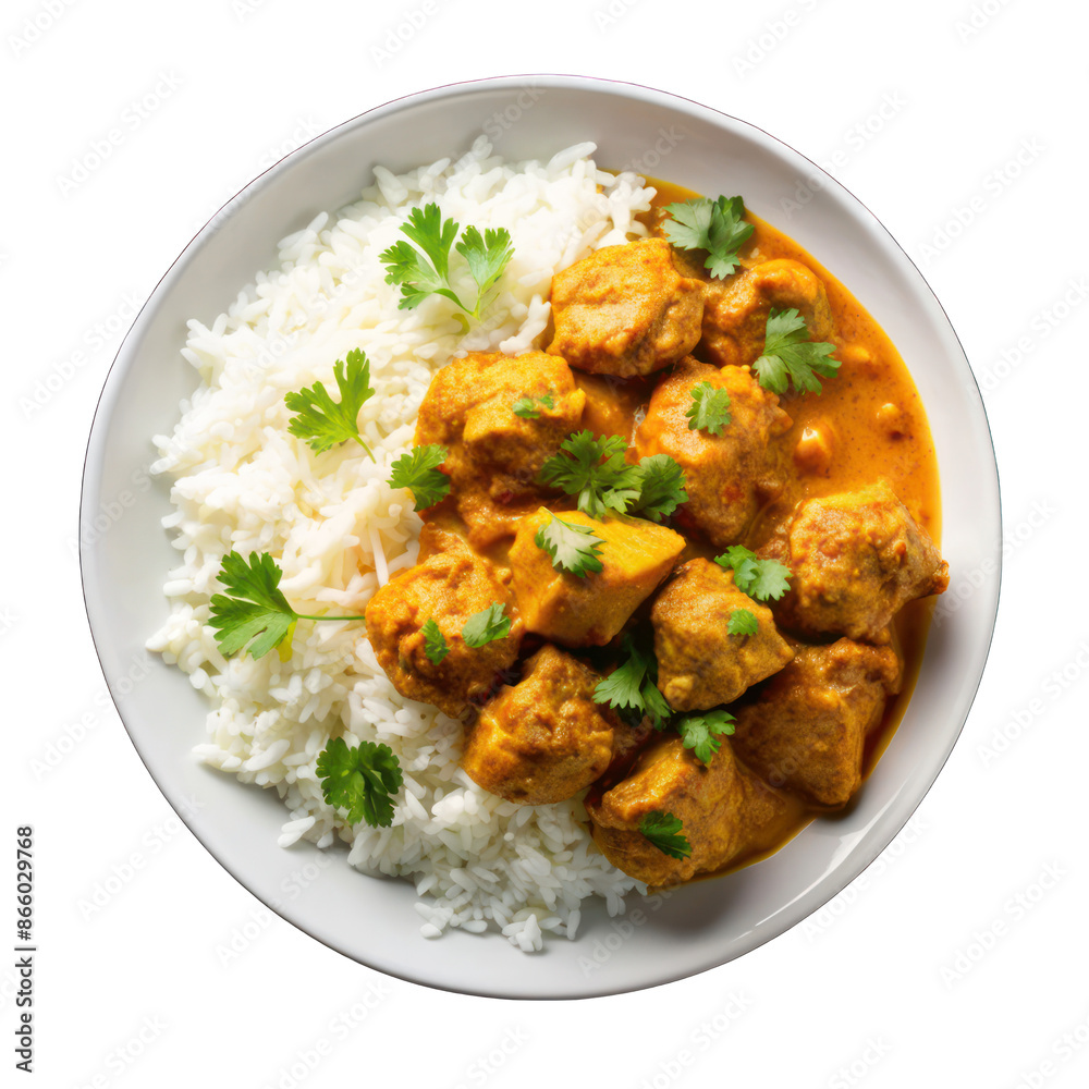 Chicken curry with basmati rice on white plate top view isolated on transparent background Chicken curry with basmati rice on white plate top view isolated on transparent background