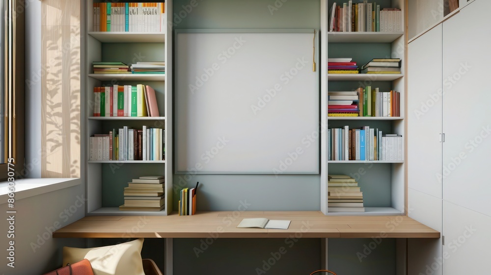 Minimalist study corner with a small desk, shelves with neatly arranged books, and a whiteboard Minimalist study corner with a small desk, shelves with neatly arranged books, and a whiteboard