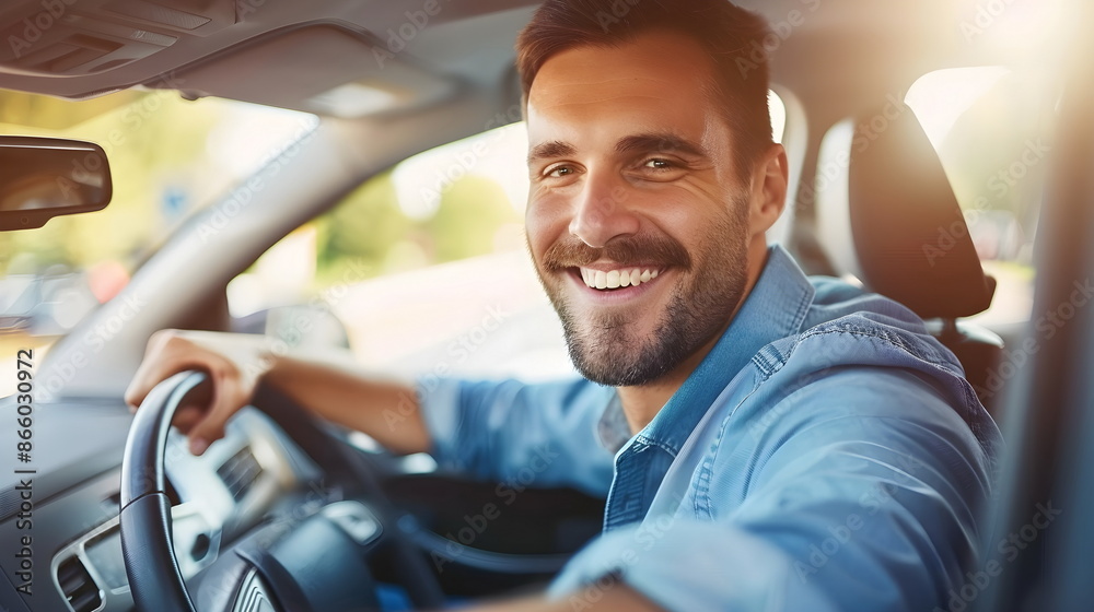 Obraz premium Smiling Man Driving Car Daytime Casual Wear Confidence