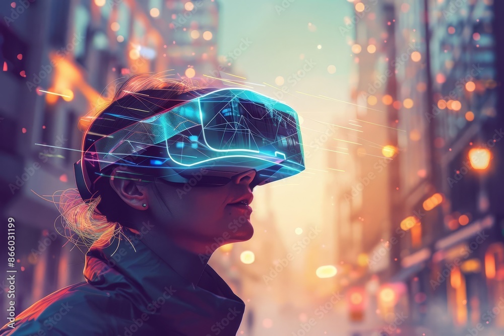 A person using augmented reality glasses to view data, modern urban environment, rule of thirds A person using augmented reality glasses to view data, modern urban environment, rule of thirds