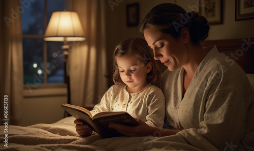 mother reading a bedtime story to her child in a softly lit bedroom.