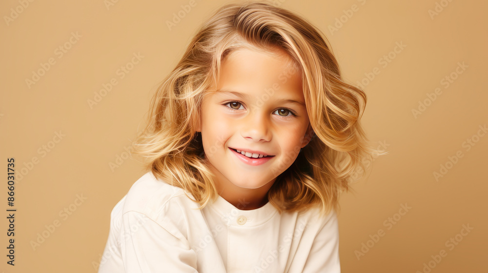 Portrait of a beautiful, happy smiling blond boy with long hair and perfect skin, creamy beige background, banner. Portrait of a beautiful, happy smiling blond boy with long hair and perfect skin, creamy beige background, banner.