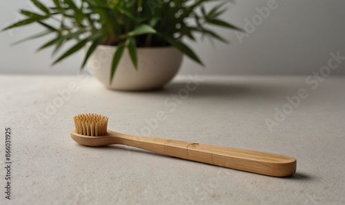 Minimalist bamboo toothbrush with a biodegradable handle, on a white background photo