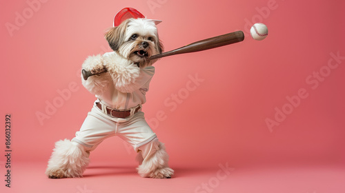 Dog in Baseball Uniform Swinging Bat
