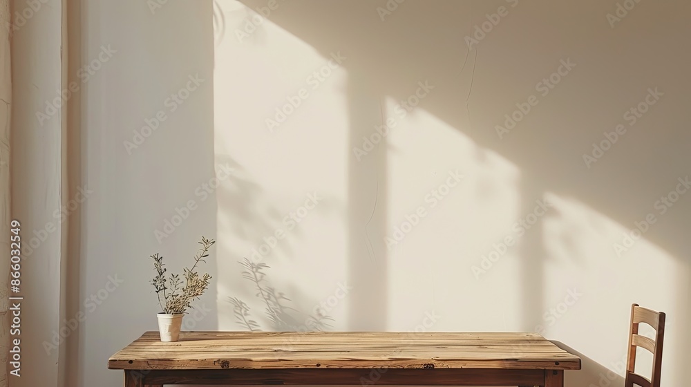 ** Minimalist Sunlit Interior with Plant on Wooden Table and Neutral Tones ** Minimalist Sunlit Interior with Plant on Wooden Table and Neutral Tones