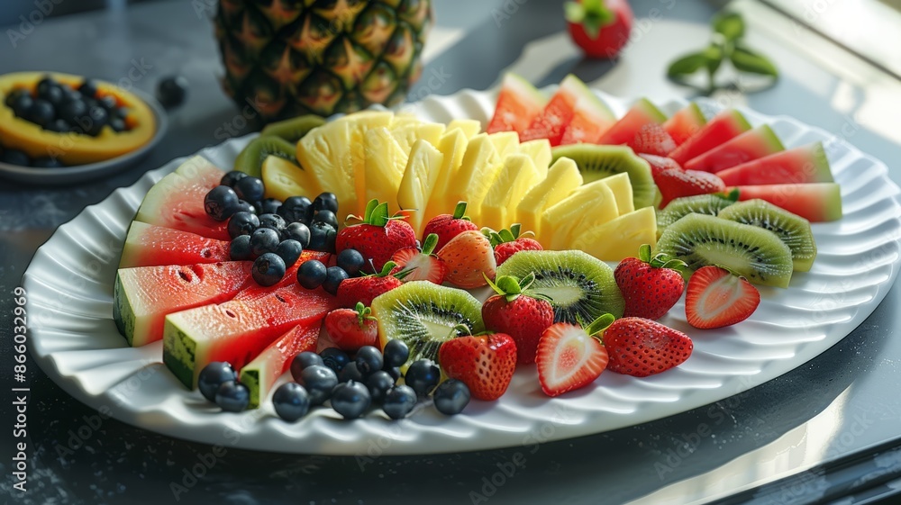 A beautifully arranged platter of assorted fresh fruits including watermelon pineapple kiwi strawberries and blueberries A beautifully arranged platter of assorted fresh fruits including watermelon pineapple kiwi strawberries and blueberries