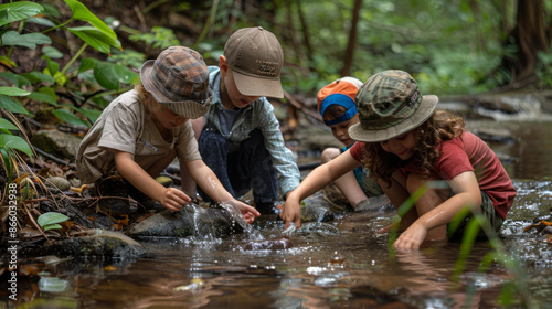 Fototapeta Naklejka Na Ścianę i Meble -  Group of children wearing hats exploring a forest stream, playing with water and having an outdoor adventure.