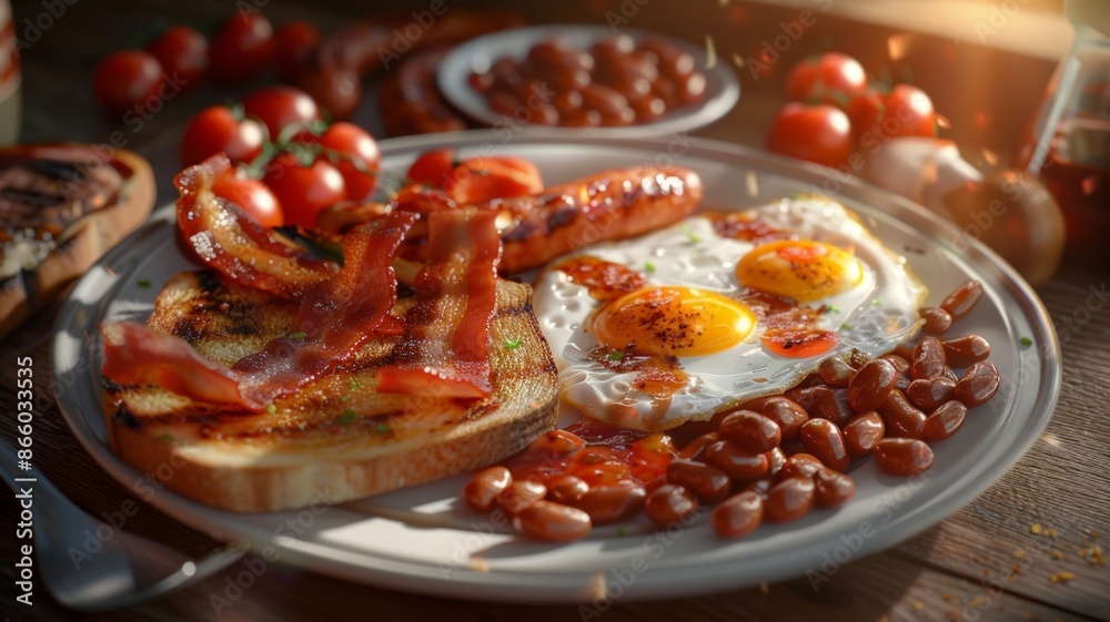 A beautifully arranged traditional English breakfast featuring eggs toast bacon sausage and beans garnished with tomatoes under the gentle light of morning sun A beautifully arranged traditional English breakfast featuring eggs toast bacon sausage and beans garnished with tomatoes under the gentle light of morning sun