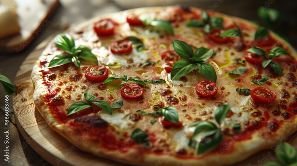 A close up image of a freshly baked Margherita pizza garnished with vibrant basil leaves and juicy cherry tomatoes A close up image of a freshly baked Margherita pizza garnished with vibrant basil leaves and juicy cherry tomatoes