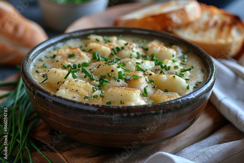 A bowl of Cullen skink, a Scottish smoked haddock soup, garnished with chopped chives. 