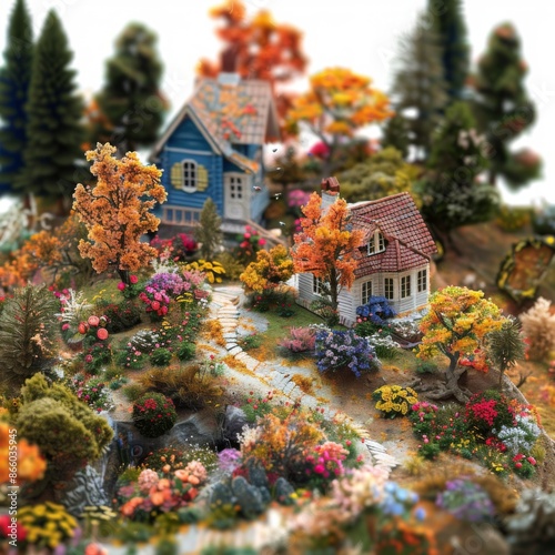Whimsical miniature village scene with colorful houses, lush gardens, and winding paths. Perfect for fairy tale, fantasy, or idyllic countryside concepts.