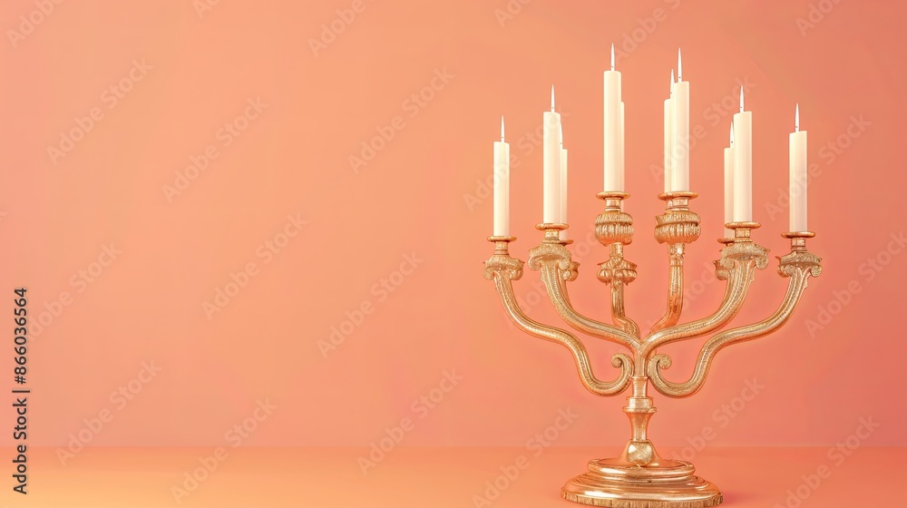 Golden Hanukkah Menorah with lit candles on an orange background. Celebrate the Jewish festival of lights with this symbolic image. Golden Hanukkah Menorah with lit candles on an orange background. Celebrate the Jewish festival of lights with this symbolic image.