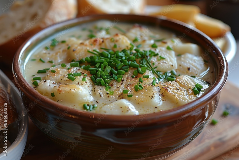 A bowl of Cullen skink, a Scottish smoked haddock soup, garnished with chopped chives. A bowl of Cullen skink, a Scottish smoked haddock soup, garnished with chopped chives.