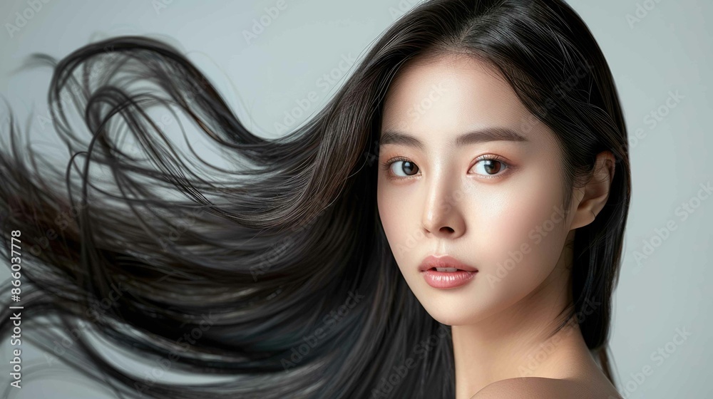 Naklejka premium Beauty portrait of a Korean girl showing off her beautiful, long and shiny