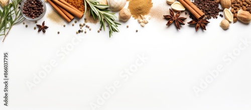 Fototapeta Naklejka Na Ścianę i Meble -  Top view of dry spices like ginger, garlic, rosemary, and bay leaves on a white background with ample copy space image.