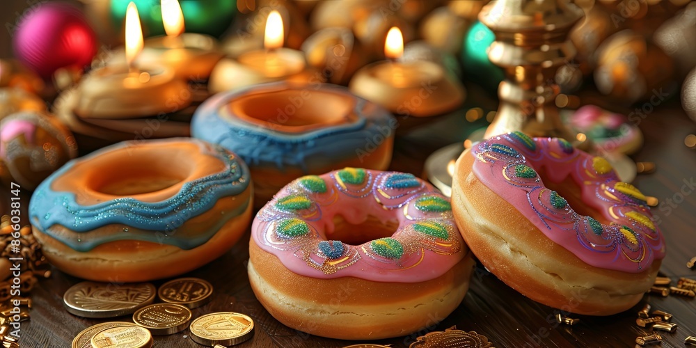 Delicious Christmas donuts with colorful icing on festive table setting. Holiday dessert and sweet treat concept. Delicious Christmas donuts with colorful icing on festive table setting. Holiday dessert and sweet treat concept.