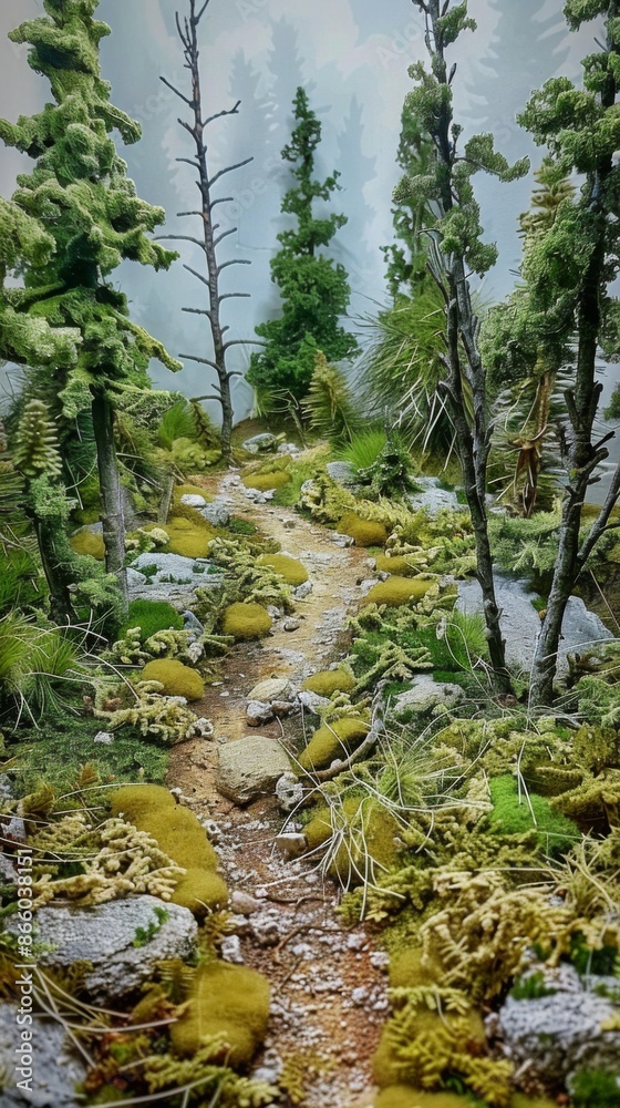 Enchanting Miniature Forest Trail Scene. Serene Green Landscape