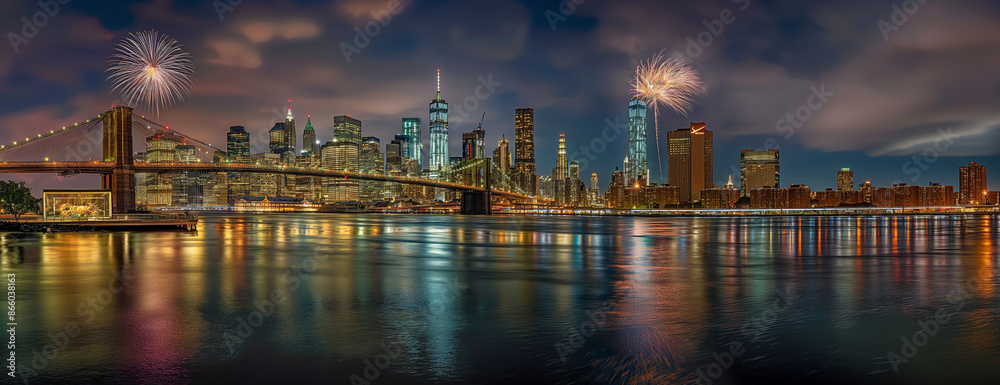 Fototapeta premium the city is full of fireworks at night,,independence day. 4th of July