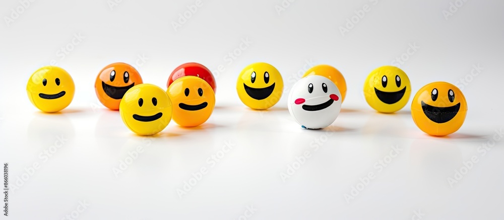 Naklejka premium Various smiles and emojis representing diverse feedback (positive, neutral, negative) displayed top-down on a white background providing copy space image.