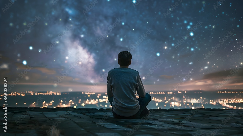 Fototapeta premium Solitary figure gazing at the starry night sky from a rooftop overlook