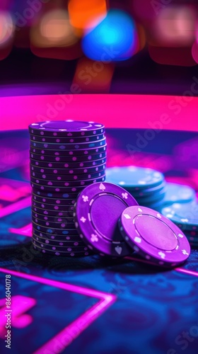 Stacked poker chips on a casino table with vibrant purple and blue lighting, capturing the excitement and allure of gambling.
