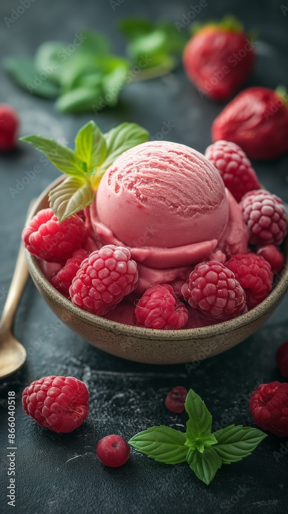 Raspberry Ice Cream With Fresh Mint in a Bowl Raspberry Ice Cream With Fresh Mint in a Bowl