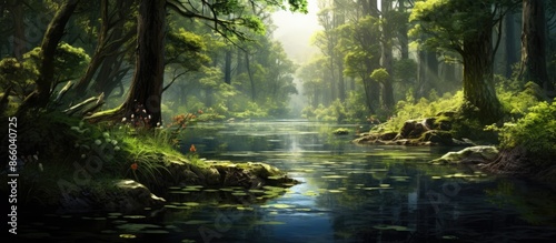 A serene lake surrounded by a lush forest and a meandering path with ample copy space image.