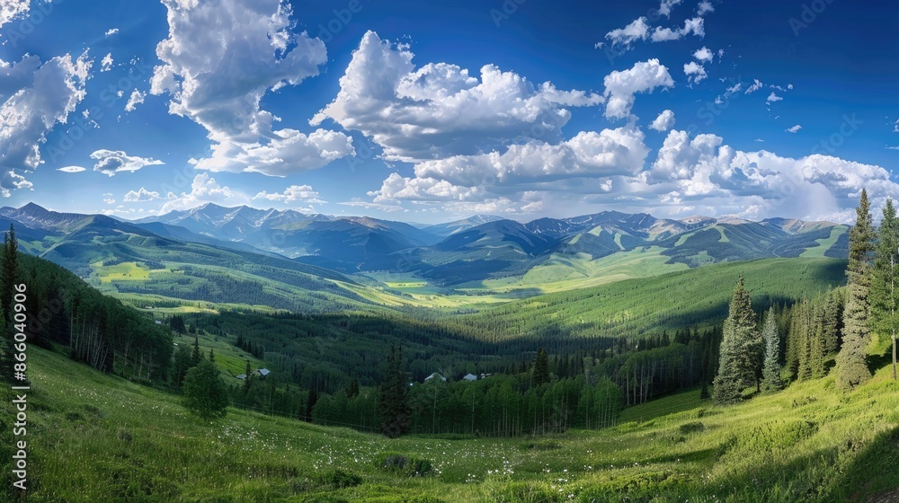 Fototapeta premium Colorado Valley Landscape. Majestic Mountain View with Blue Sky and Green Panorama