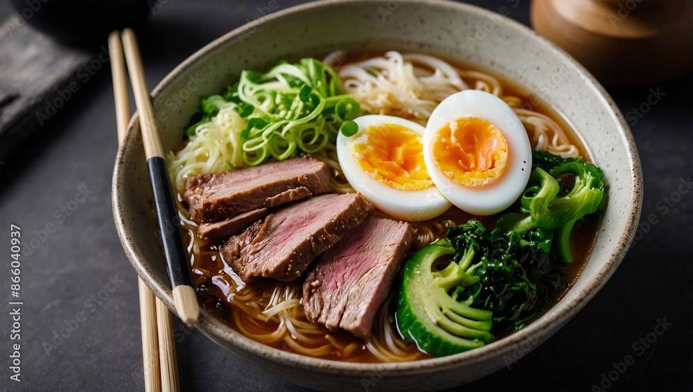 A bowl of ramen with sliced meat, half-boiled egg and green vegetables. A bowl of ramen with sliced meat, half-boiled egg and green vegetables.