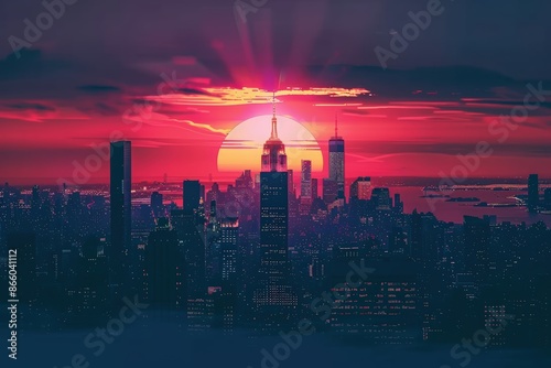 Stunning city skyline at sunset with colorful skies, silhouetted buildings, and a glowing sun descending behind the urban landscape.