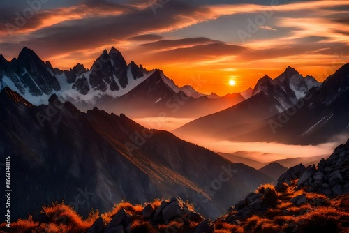 A serene sunset over a rugged mountain range, where the imperfections of the rocky peaks are illuminated by the warm, fading light.