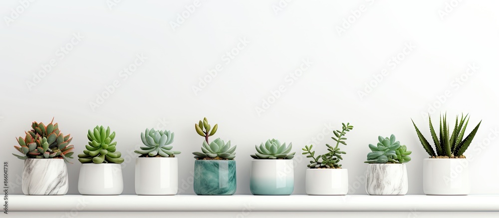Elegant marbled succulent planters displayed with tiny plants on a white shelf against a white wall, with an available copy space image. Elegant marbled succulent planters displayed with tiny plants on a white shelf against a white wall, with an available copy space image.