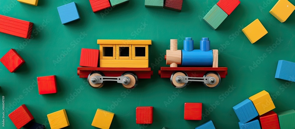 Fototapeta premium Wooden toy train surrounded by bright blocks on a vibrant green backdrop with copy space image.