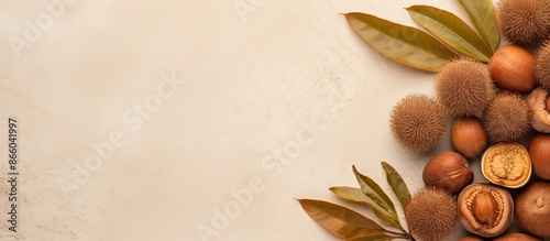 Fototapeta Naklejka Na Ścianę i Meble -  Top-down view of fresh salak fruits on a beige backdrop with space for text, set up to capture an image. with copy space image. Place for adding text or design