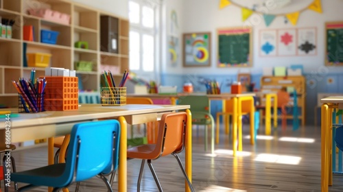 Organized classroom setup with desks, chairs, and tidy storage for school supplies