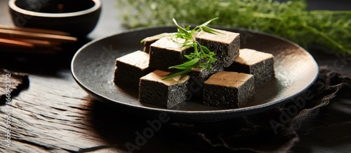 Black sesame tofu displayed...
