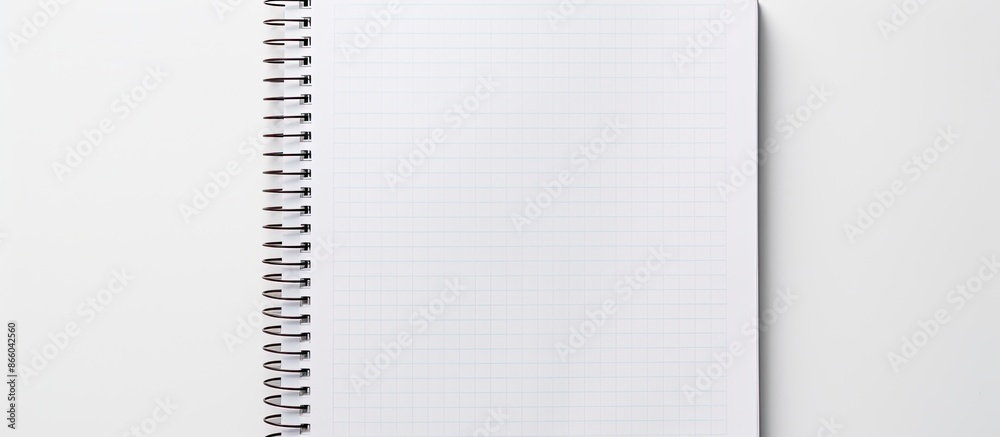 Overhead angled view of a spiral notebook with lined pages for writing, studying math or English at school or the office, set against a white background with a textured paper, providing ample copy Overhead angled view of a spiral notebook with lined pages for writing, studying math or English at school or the office, set against a white background with a textured paper, providing ample copy